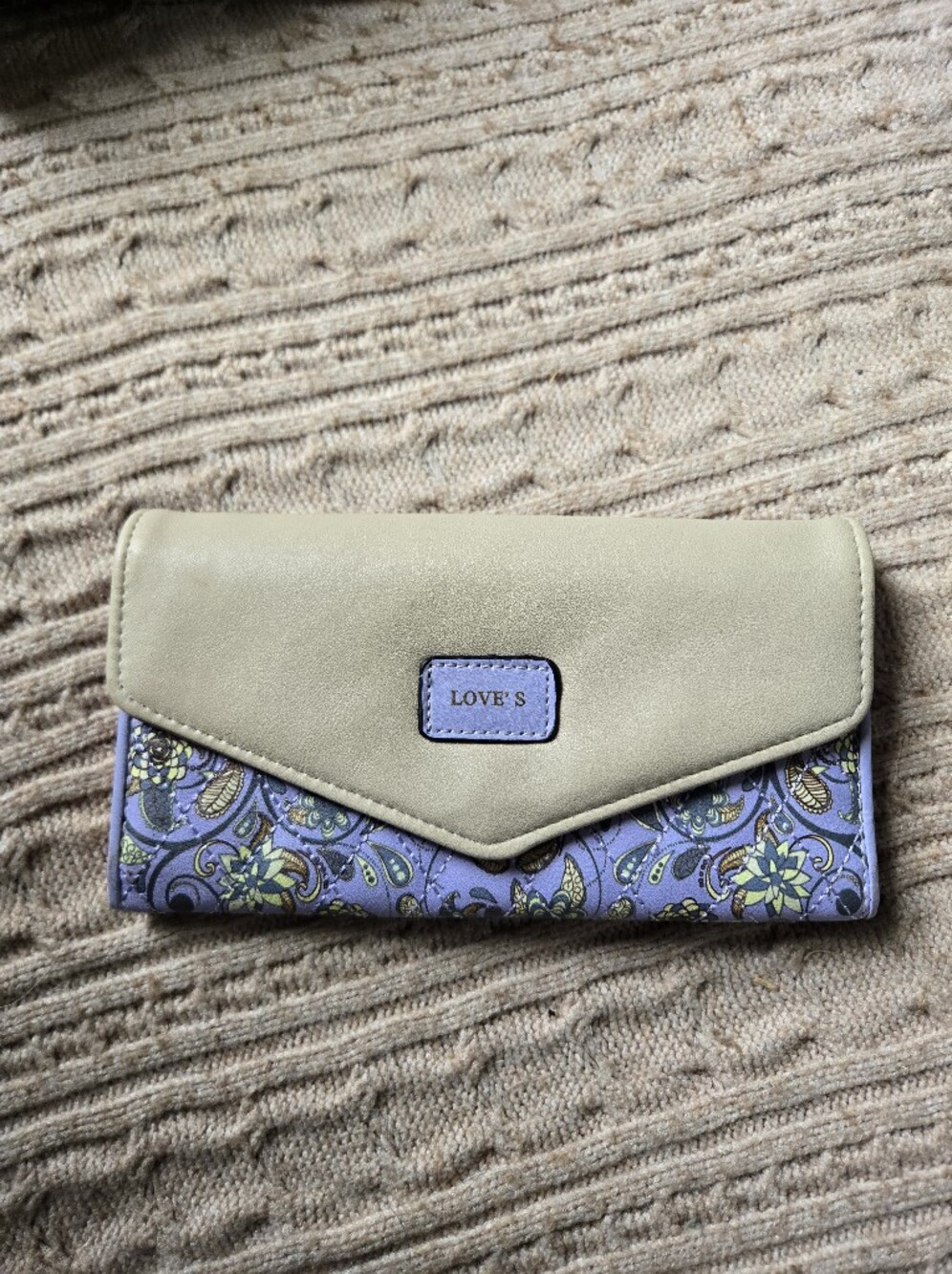 Love Beige and Lavender Floral Fold-Over Wallet